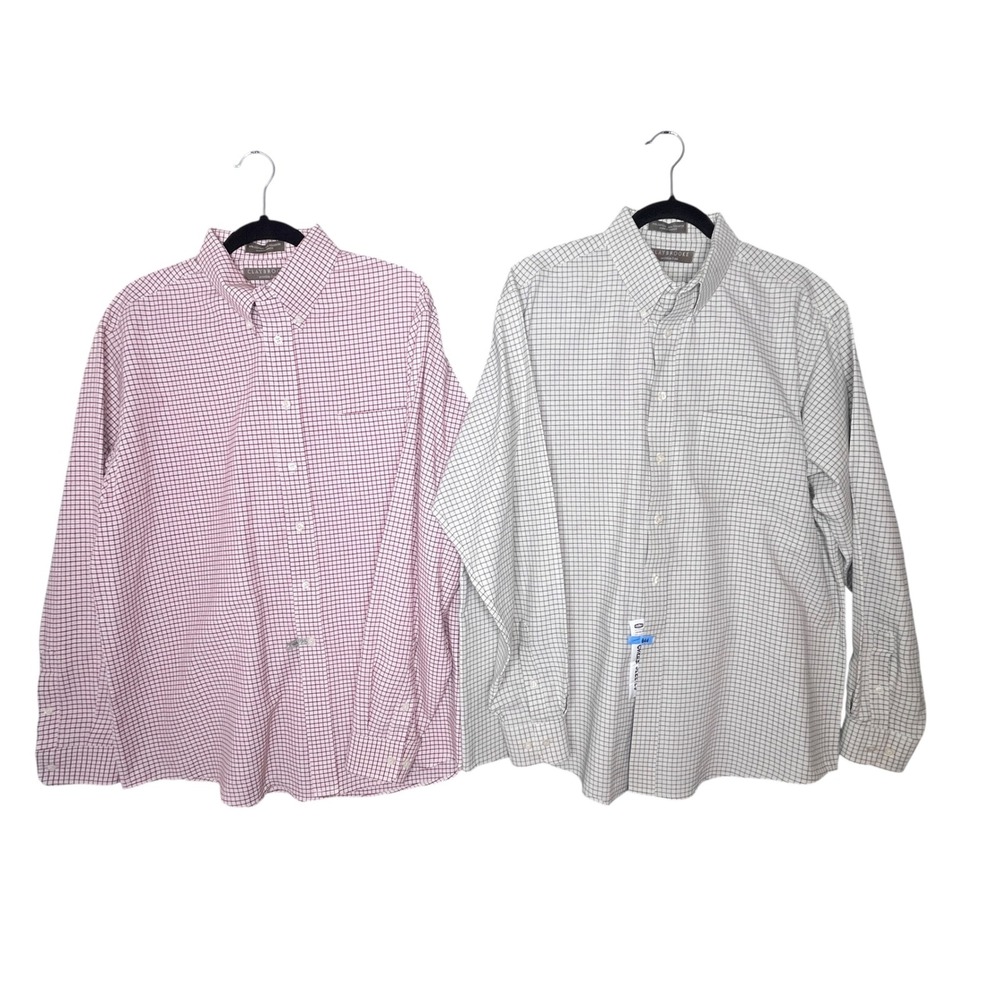 Lot of 2 Claybrooke Mens Button Down Shirts 17.5 36/37 Wrinkle‎ Free Plaid Check